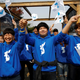 People wave the Korean unification flag during the summit near the DMZ separating the two Koreas, in Paju, South Korea.